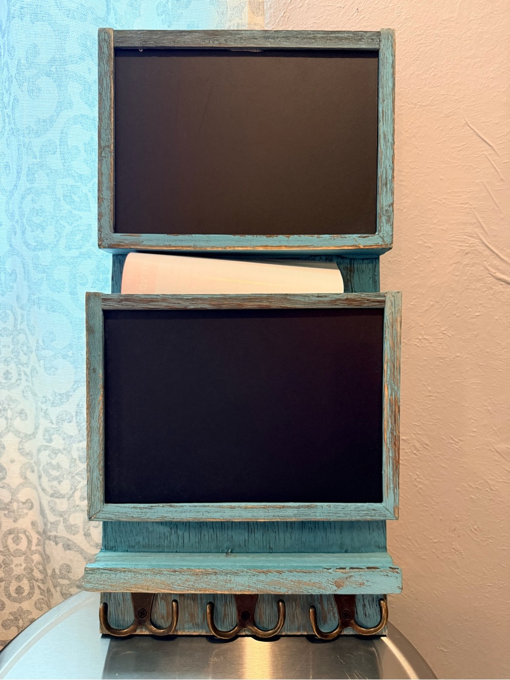 2 Slot Light teal wall mounted mail sorter organizer with chalkboard